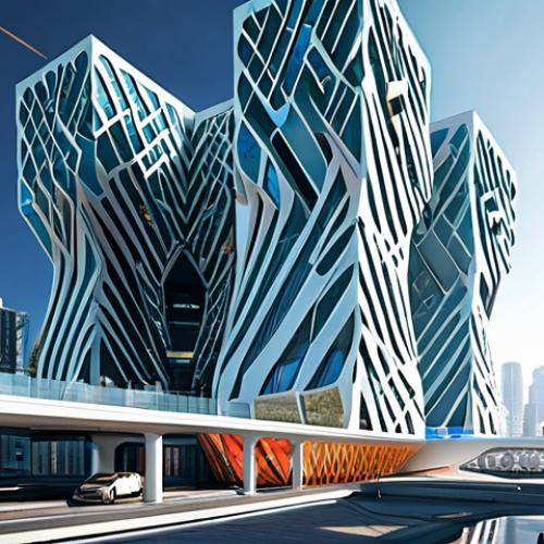 A futuristic, dynamic architectural marvel in a vibrant metaverse city. The building is a towering, intricate structure, appearing to float effortlessly, with transparent, geometric sections that subtly shift colors and patterns, resembling a living entity that adapts to the virtual environment. Surrounding it are other equally imaginative, well-designed structures, bathed in a soft, ethereal light. Professional architectural visualization, high detail, volumetric lighting, stunning digital art, safe for work, appropriate content, fully clothed, family-friendly, perfect anatomy, correct proportions, natural body proportions.