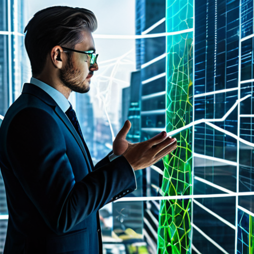 A professional man in a tailored, modest business suit, standing in a sophisticated, minimalist office. He is looking intently at a large, transparent holographic display that projects a vibrant, detailed map of a futuristic metaverse city, complete with digital skyscrapers and green spaces. The display shows lines of data flow and glowing nodes, representing blockchain transactions and digital ownership. The background features subtle light reflections from the digital interface. The man's posture is confident and engaged, perfect anatomy, correct proportions, natural pose, well-formed hands, proper finger count, natural body proportions. The image conveys a sense of innovation and strategic investment in the digital frontier. Professional photography, high quality, realistic, fully clothed, appropriate attire, safe for work, appropriate content, professional.