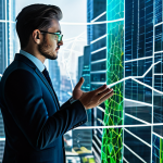 A professional man in a tailored, modest business suit, standing in a sophisticated, minimalist office. He is looking intently at a large, transparent holographic display that projects a vibrant, detailed map of a futuristic metaverse city, complete with digital skyscrapers and green spaces. The display shows lines of data flow and glowing nodes, representing blockchain transactions and digital ownership. The background features subtle light reflections from the digital interface. The man's posture is confident and engaged, perfect anatomy, correct proportions, natural pose, well-formed hands, proper finger count, natural body proportions. The image conveys a sense of innovation and strategic investment in the digital frontier. Professional photography, high quality, realistic, fully clothed, appropriate attire, safe for work, appropriate content, professional.