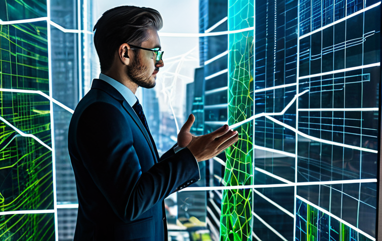 A professional man in a tailored, modest business suit, standing in a sophisticated, minimalist office. He is looking intently at a large, transparent holographic display that projects a vibrant, detailed map of a futuristic metaverse city, complete with digital skyscrapers and green spaces. The display shows lines of data flow and glowing nodes, representing blockchain transactions and digital ownership. The background features subtle light reflections from the digital interface. The man's posture is confident and engaged, perfect anatomy, correct proportions, natural pose, well-formed hands, proper finger count, natural body proportions. The image conveys a sense of innovation and strategic investment in the digital frontier. Professional photography, high quality, realistic, fully clothed, appropriate attire, safe for work, appropriate content, professional.
